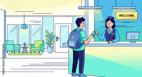Young man checking in at a hotel lobby reception, handing a card to a smiling receptionist, a welcoming scene, vector illustration, isolated on transparent background svg.