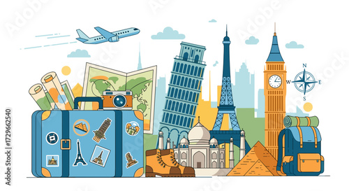 World travel concept with global journey and famous international landmarks, suitcase, and airplane, isolated vector illustration on transparent background.