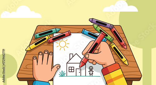 Child's hands drawing house and figure with colorful crayons on paper, creative fun on wooden desk, isolated on transparent background vector illustration svg.