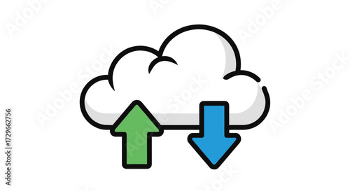 Cloud data transfer with upload and download arrows, symbolizing online storage, network, internet. vector illustration, isolated on transparent background, svg.