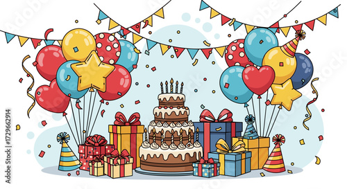 Festive birthday celebration featuring a tiered cake, gifts, balloons, confetti, and party decorations. SVG vector illustration isolated on transparent background.