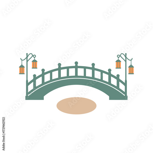 Stylized illustration of a green arched footbridge with lanterns.