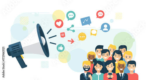 Digital marketing campaign with a megaphone broadcasting social media icons to a diverse audience, vector illustration isolated on transparent background.