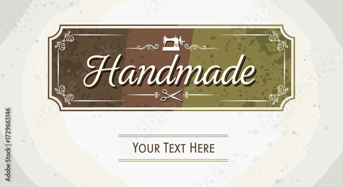 Handmade vintage label, vector svg, with sewing machine, scissors, distressed texture. For craft, textile, tailor shop branding. Isolated on transparent background.