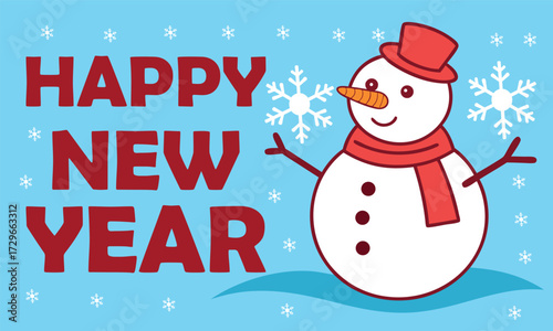 A cheerful snowman wearing a hat and scarf welcomes a happy new year
