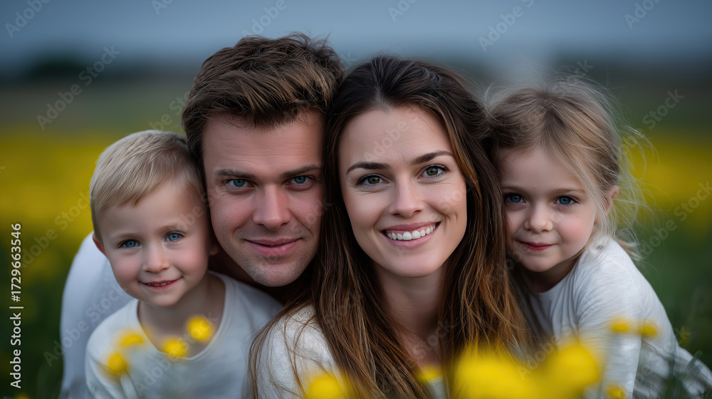 Fototapeta premium Happy family posing together in a yellow flower field