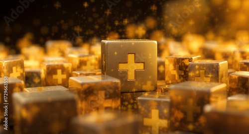 Gold Cubes with Plus Signs, Digital Art, Healthcare Symbol