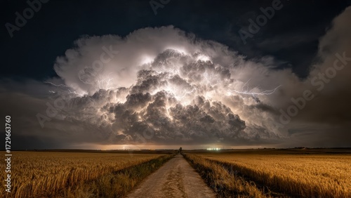 A country road leads toward a majestic supercell thunderstorm, alive with a powerful web of internal lightning.