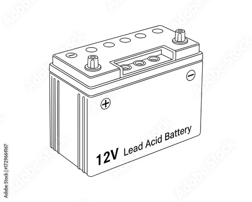 Detailed line art illustration of a 12V Lead Acid Battery, an automotive component