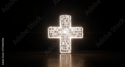Illuminated geometric cross, 3D rendered with textured blocks, glowing effect on dark background