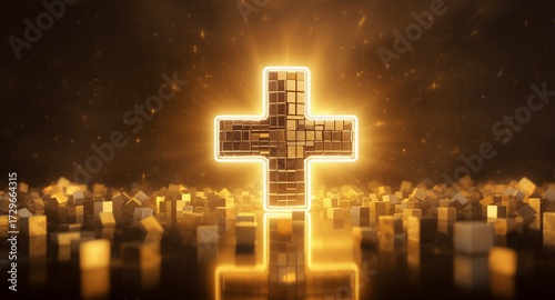 Illuminated Cross Symbol with Geometric Cubes and Glowing Effects