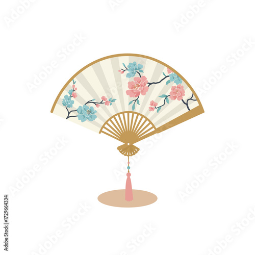 Traditional Asian folding hand fan with cherry blossom pattern.