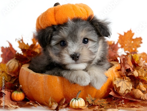 Adorable fluffy puppy peeks out from a pumpkin surrounded by colorful autumn leaves on a white backdrop.
