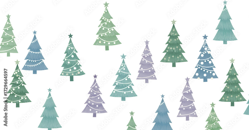 Obraz premium A whimsical collection of watercolor Christmas trees adorned with festive string lights and stars against a stark black backdrop festive lights decorations