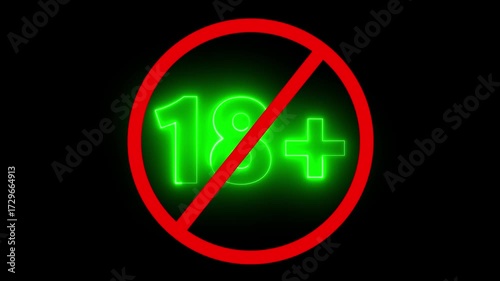 18 plus icon sign animation on dark background. Under 18 sign warning symbol. Over 18 only censored. eighteen age older.  4K video
