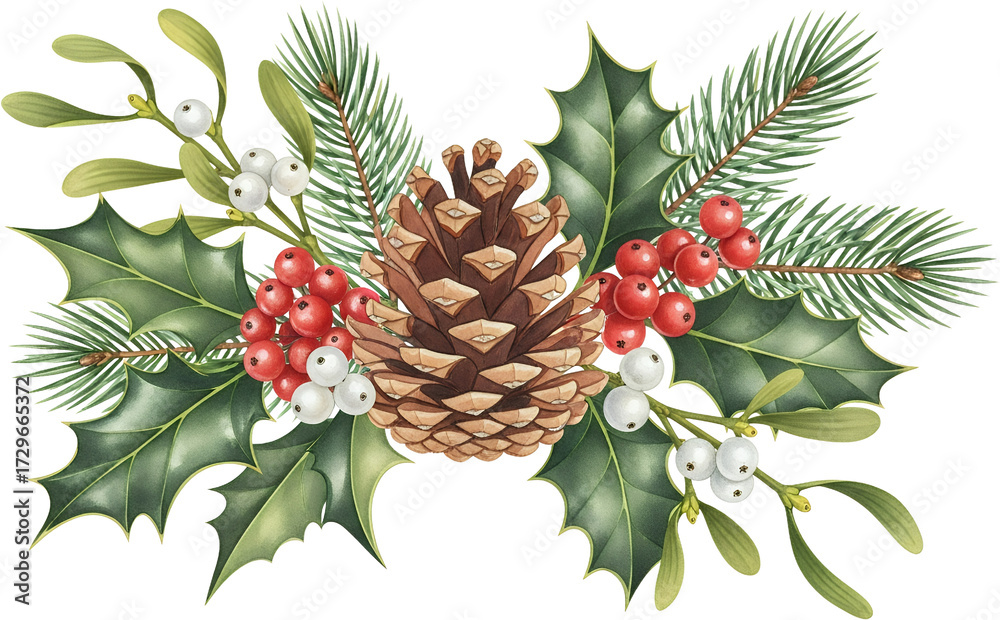 Fototapeta premium Decorative border of pine branches holly leaves red berries white berries mistletoe sprigs and a central pine cone against a transparent background Christmas