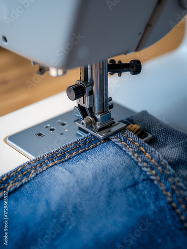 Blue jeans denim sewed on sewing machine close up - jeans fashion mending or repair concept