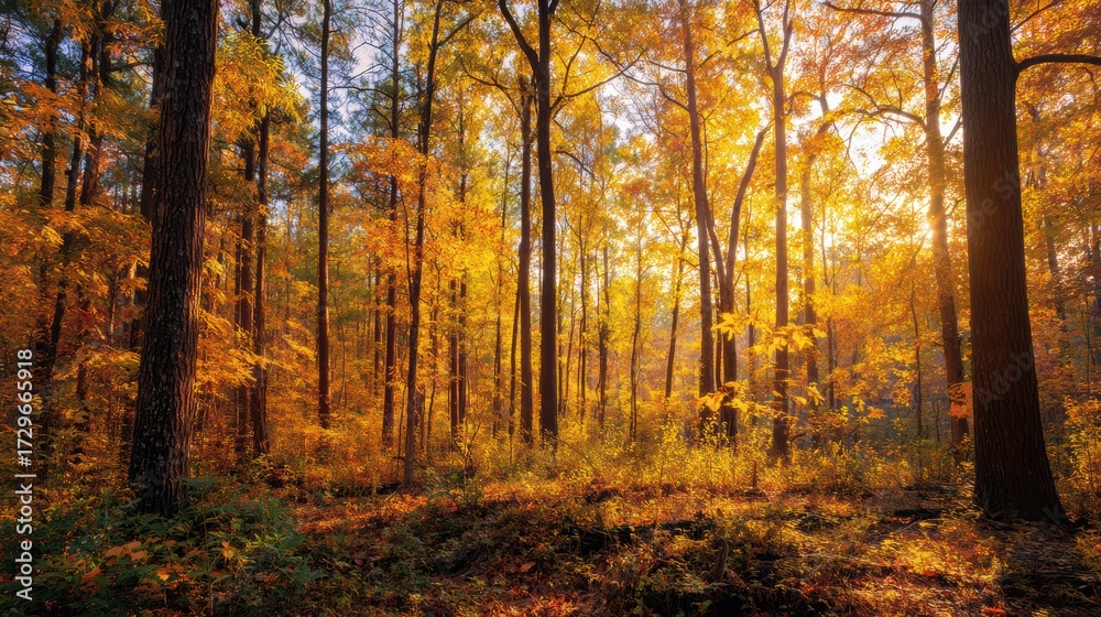 Obraz premium A serene autumn forest scene with vibrant orange and yellow leaves basking in warm sunlight.