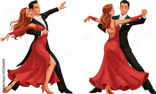 Ballroom, dance, couple, silhouette, elegant, movement, tuxedo, dress, performance, rhythm, pose, vector, icon, graceful, black, white background