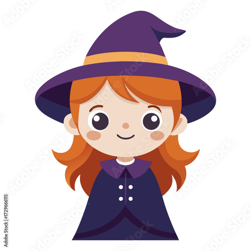 Cute, smiling witch cartoon character with red hair, wearing a purple pointy hat and cape. A friendly illustration for Halloween, magic, fantasy, and children's themes.