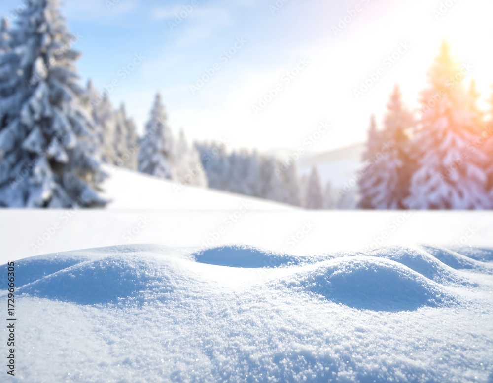 Fototapeta premium Snowy landscape with sunlit, blurred background of snow-covered evergreens