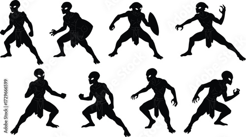 Alien warrior silhouette vector set, fantasy creature illustration, black shadow monster, sci fi alien fighter, combat stance, ancient fighter