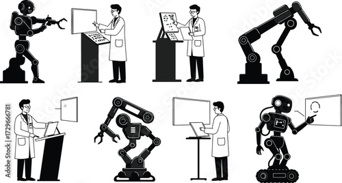 Artificial intelligence automation with scientists and robots, modern AI research, robotic arms, machine learning, futuristic laboratory innovation, human technology interaction illustration