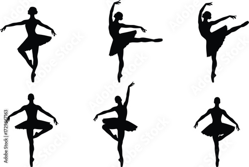 Ballet dancer silhouette women performing classical dance poses with tutu dress, artistic movement, vector illustration, cultural performance, stage elegance, design
