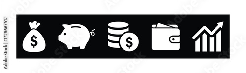 Finance vector icons. Business Icons, money signs. Money silhouette collection. Wallet with cards icon. Coins silhouette icon. Growth chart. Moneybag or stash. Piggy bank flat style 