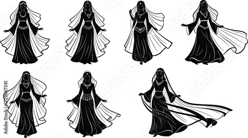 Beautiful traditional woman silhouette illustration, elegant black dress, cultural fashion art, mystical character design, ethnic costume, graceful feminine pose artwork