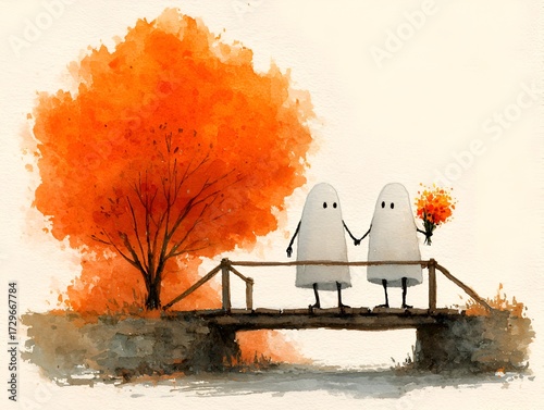 Two cute ghosts lovingly hold hands on a wooden bridge with autumn foliage for a whical Halloween scene.