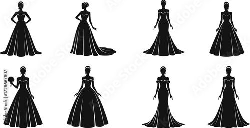 Bridal gown silhouette collection, elegant black wedding dress vector illustration, stylish bride fashion design, modern bridal outfit template for designers