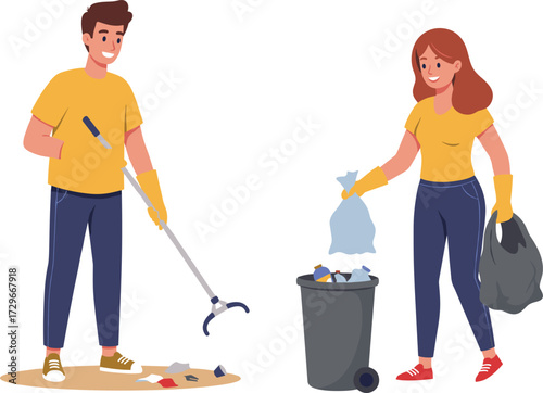 Community cleanup, trash collection, litter pick-up, waste management, environmental care, volunteer work, recycling, garbage bag, grabber tool, team effort, sustainability