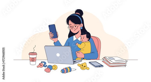 Adobe illustrator artwork vector illustration. A multitasking mother works from home on her laptop while her child plays, highlighting remote work-life balance
