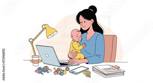 Adobe illustrator artwork vector illustration. A multitasking mother works from home on her laptop while her child plays, highlighting remote work-life balance