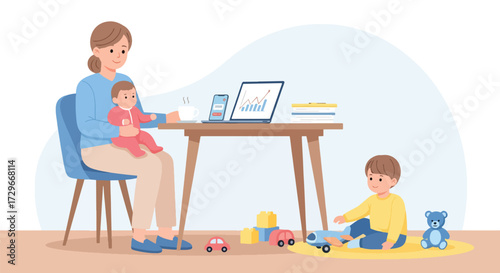 Adobe illustrator artwork vector illustration. A multitasking mother works from home on her laptop while her child plays, highlighting remote work-life balance