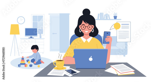 Adobe illustrator artwork vector illustration. A multitasking mother works from home on her laptop while her child plays, highlighting remote work-life balance