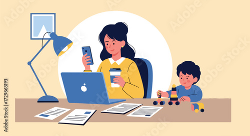 Adobe illustrator artwork vector illustration. A multitasking mother works from home on her laptop while her child plays, highlighting remote work-life balance