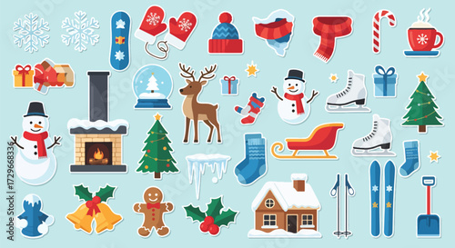 Adobe illustrator artwork vector illustration. A festive collection of Christmas and winter-themed flat design stickers, including holiday decorations, cozy items, and seasonal activities
