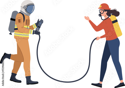 Firefighters, rescue operation, safety, firefighting gear, coordination, hose, teamwork, protective suit, training, communication, emergency response, oxygen tank, helmet