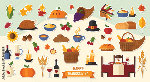 Adobe illustrator artwork vector illustration. A vibrant collection of Thanksgiving flat design stickers featuring traditional holiday food, autumn elements, and celebratory symbols