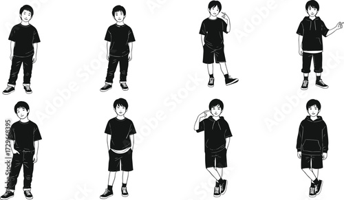 Casual boy silhouette collection, young kid vector illustration, children fashion design template, stylish child character pose, modern youth outfit concept