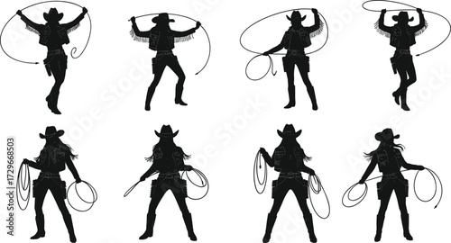 Cowgirl silhouette collection, western rodeo woman with lasso vector illustration, female cowboy fashion design, wild west ranch lifestyle template