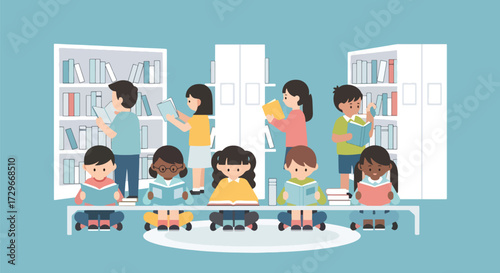 Adobe illustrator artwork vector illustration. A group of diverse children happily read books in a modern library or school, promoting education, literacy, and inclusivity