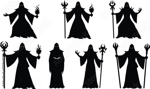 Dark evil wizard silhouette with magic staff, sorcerer holding fire spell, fantasy magician illustration, dark mage occult character design