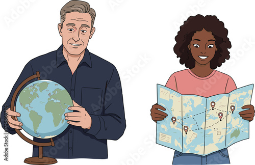 Geography study, travel planning, globe, map reading, navigation, location markers, education, adventure, route, trip, journey, direction, global awareness, learning, discovery, diverse explorers