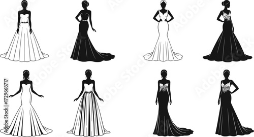 Elegant bridal gown silhouette collection, black and white wedding dress vector illustration, fashion design template, modern bridal outfit concept
