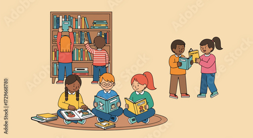 Adobe illustrator artwork vector illustration. A group of diverse children happily read books in a modern library or school, promoting education, literacy, and inclusivity