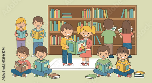 Adobe illustrator artwork vector illustration. A group of diverse children happily read books in a modern library or school, promoting education, literacy, and inclusivity