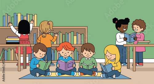 Adobe illustrator artwork vector illustration. A group of diverse children happily read books in a modern library or school, promoting education, literacy, and inclusivity